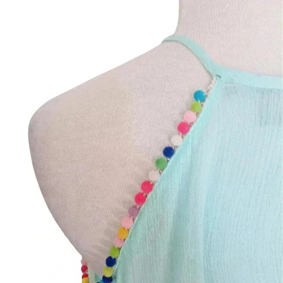 NEW Annabelle Blue Pompom Trimmed Cold Shoulder Flowy Tunic Top Blouse Sz Lg - Picture 3 of 5